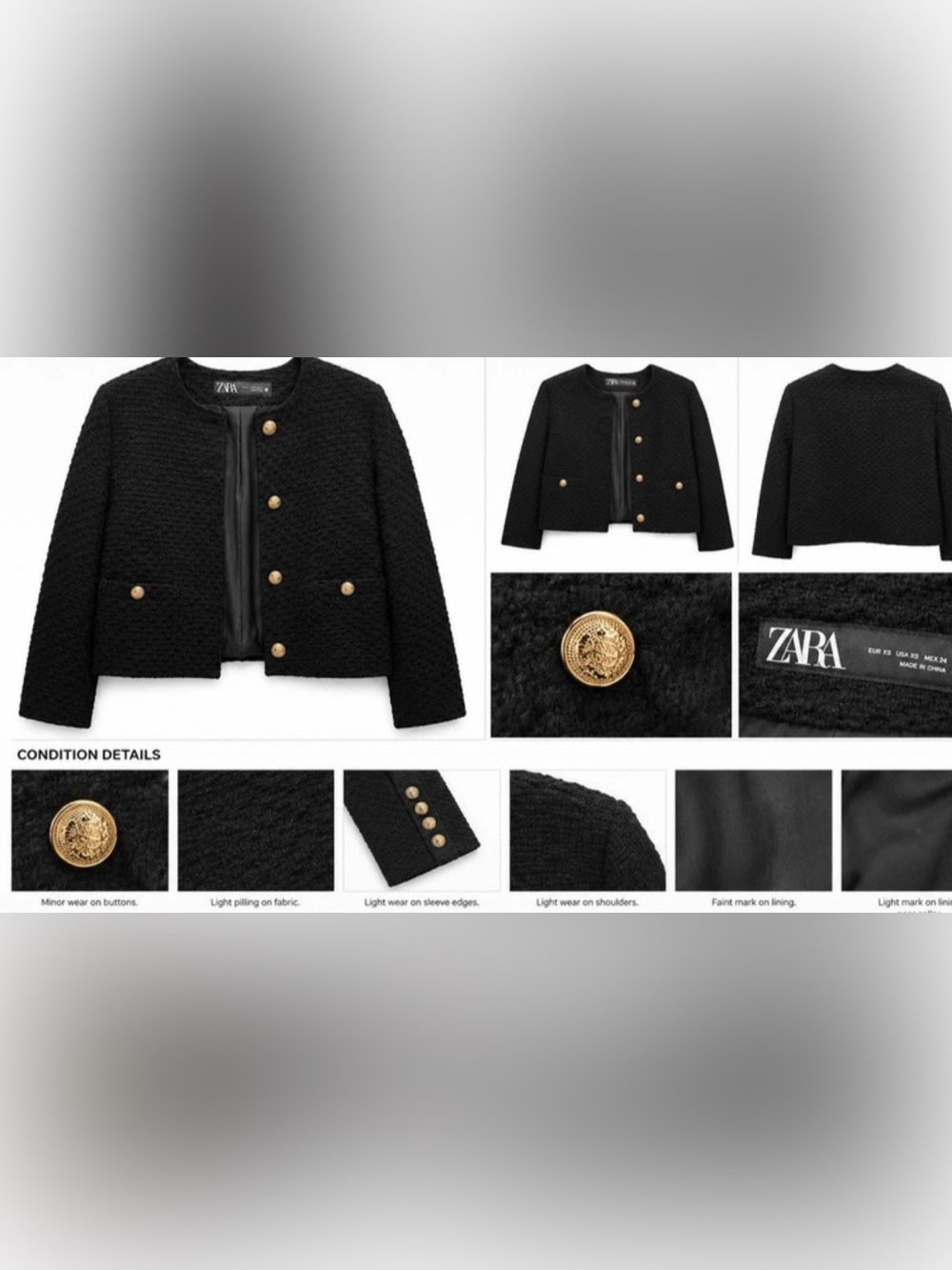 Zara Black Cropped Bouclé Blazer with Gold Buttons